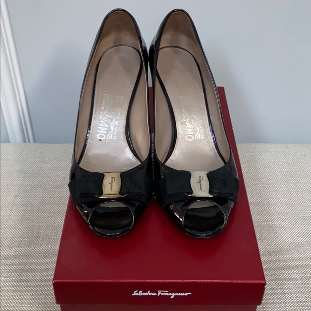 Ferragamo patent leather peep toe pumps